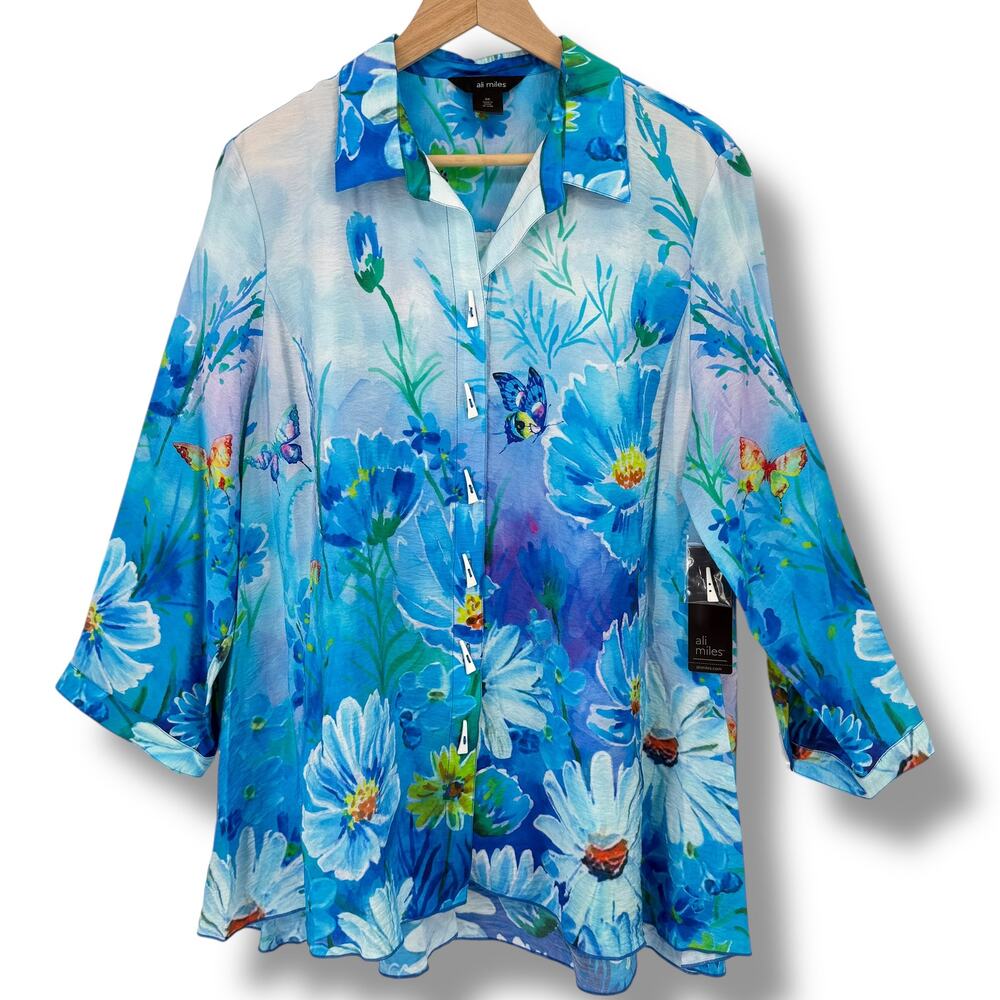 Ali Miles Blue Floral Butterfly Print Button Shirt Plus Size 0X 3/4 Sleeve